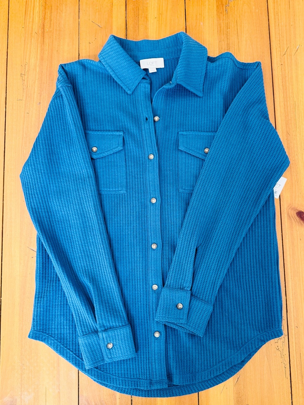 NWT LOFT Ultra Soft Waffle-Knit Button-up Shirt in “Tranquil Teal”, Size XS